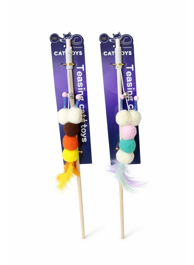 Cat Teasing Wand Toy with Colorful Pom Poms and Feathers, Interactive Play Stick